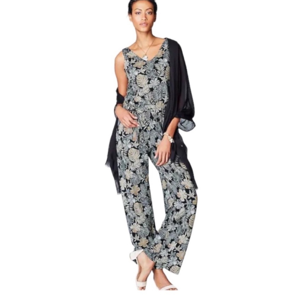 J. Jill Wearever Wide Leg Jumpsuit Black Floral V-Neck Tie Belt Size M NWT